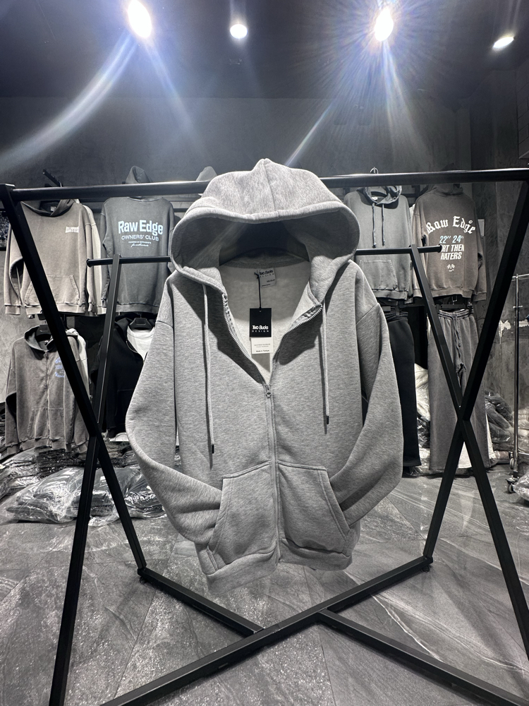 3 iplik Şardonlu Basic Gri Melanj Fermuarlı Sweatshirt