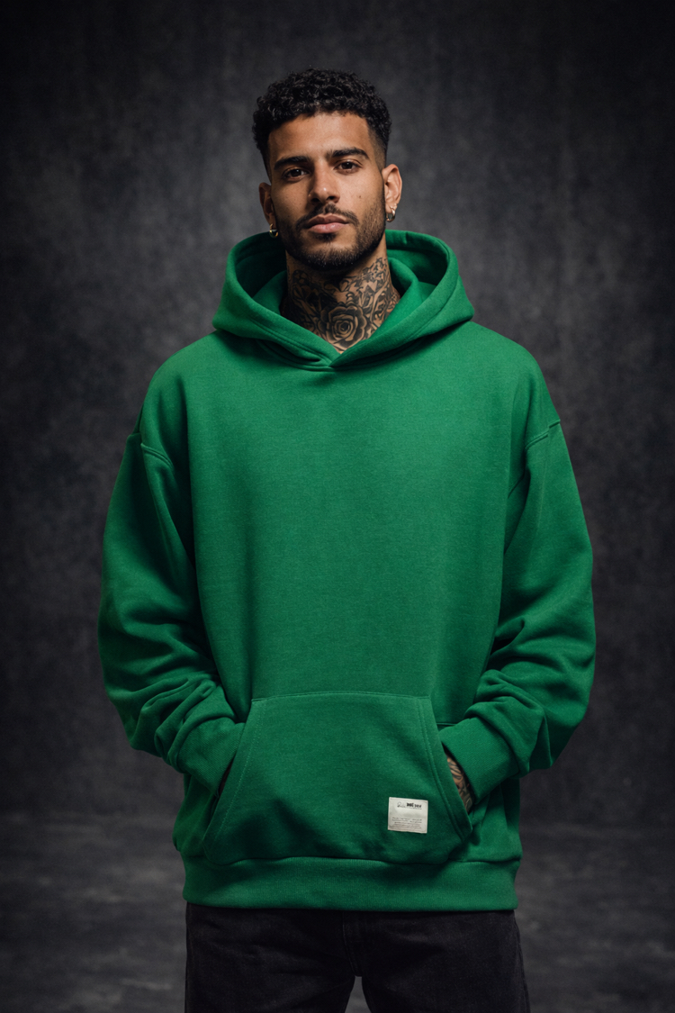 3 iplik Şardonlu Yeşil Oversize Hoodie