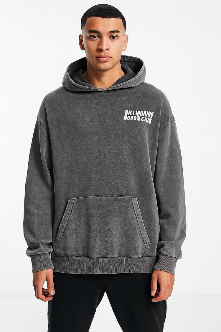 Asit Yıkama Oversize Baskılı Hoodie  