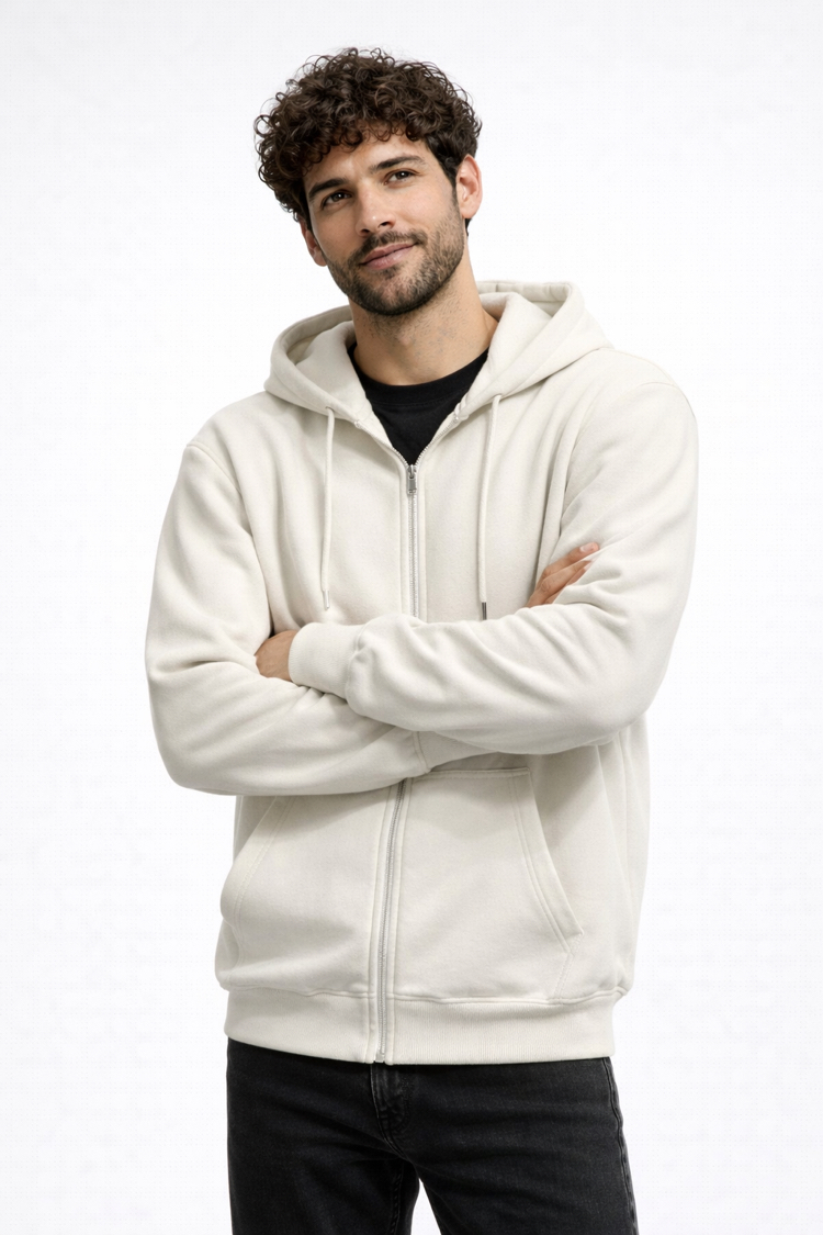 3 iplik Şardonlu Basic Ekru Fermuarlı Sweatshirt