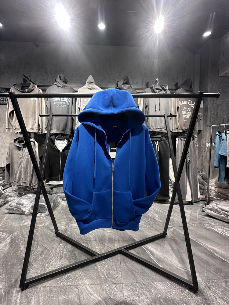 3 iplik Şardonlu Basic Mavi Fermuarlı Sweatshirt