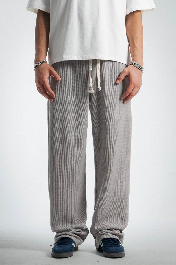 Waffle Kumaş Gri Baggy Pantalon