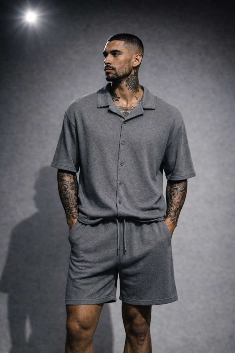 Jakar Dokulu Oversize Gri Gömlek & Şort Takım