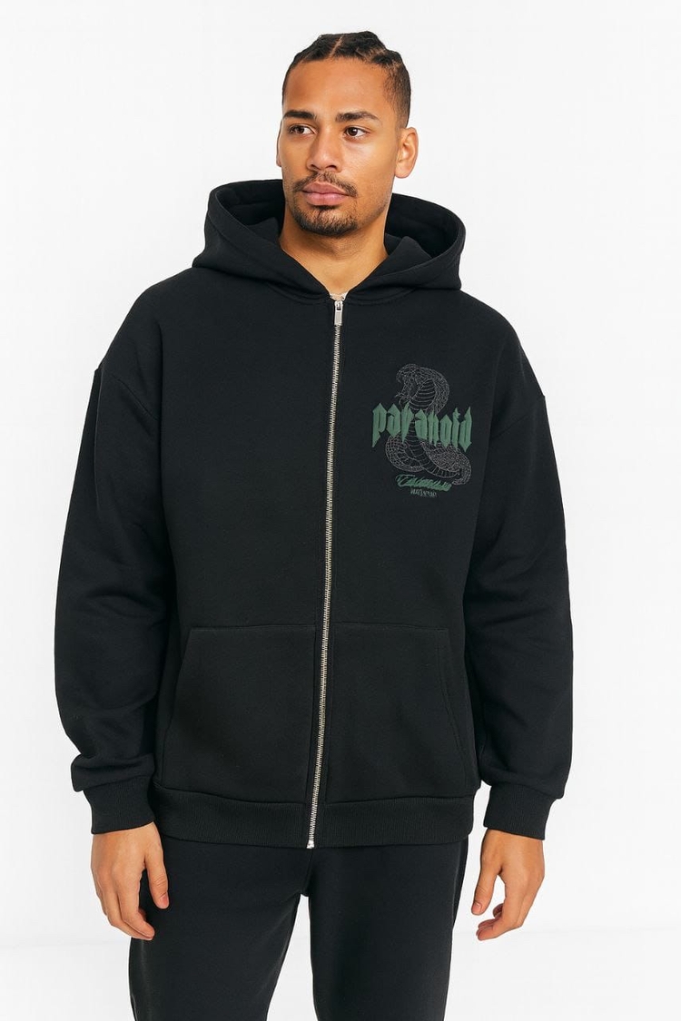 Paranoid Baskılı Fermuarlı Oversize Hoodie