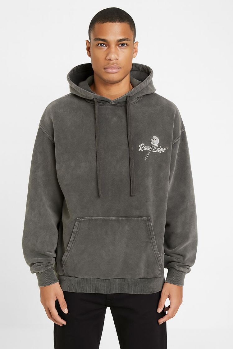 Oversize 3 İplik Asit Yıkamalı Hoodie – Raw Edge Skull Print