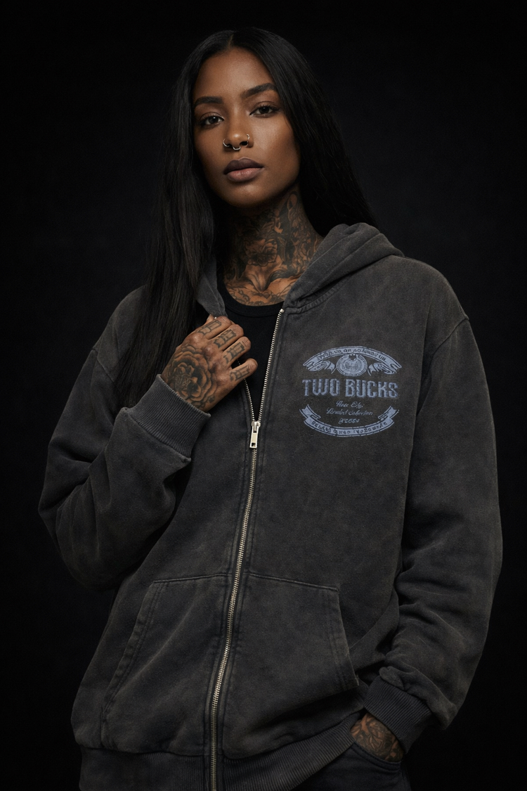 TwoBucks Asid Yıkama Oversize Siyah Fermuarlı Hoodie