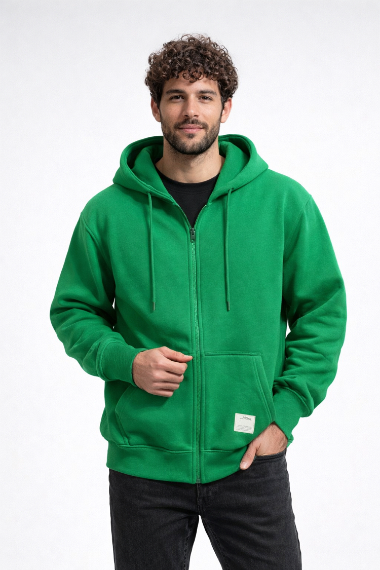 3 iplik Şardonlu Basic Yeşil Fermuarlı Sweatshirt