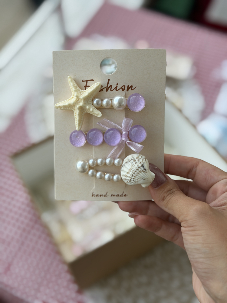 Mor İstiridye ve Deniz Yıldızı Pens Set Toka