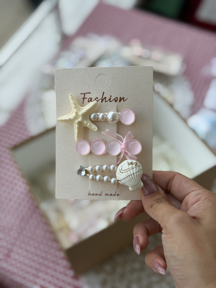 Pembe İstiridye ve Deniz Yıldızı Pens Set Toka