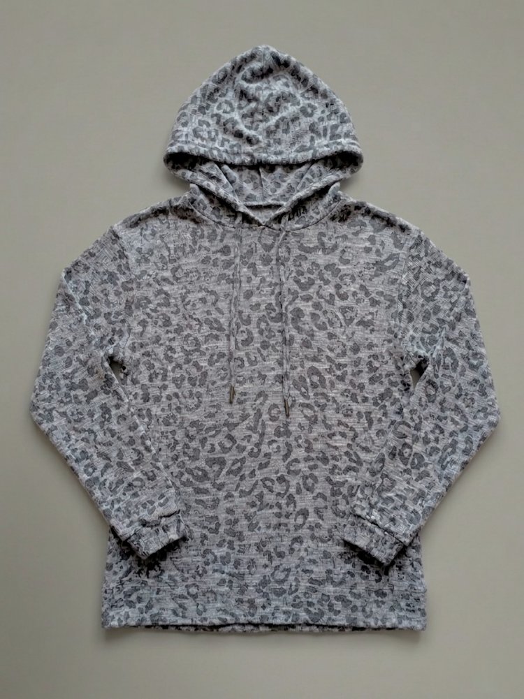 Gri Leopar Desenli Kapüşonlu Sweatshirt