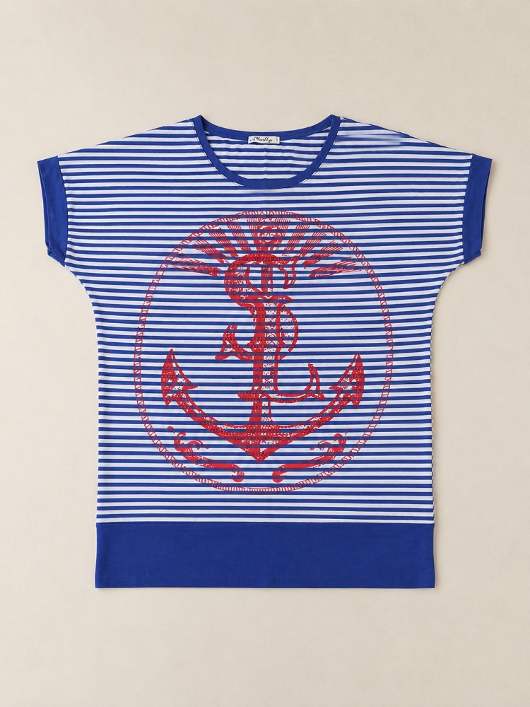 Çizgili Çapa Desenli Kadın T-Shirt