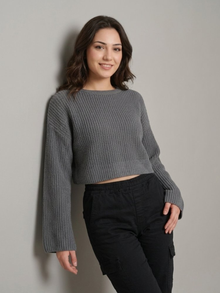 İspanyol Kol Triko Örgü Crop Kazak
