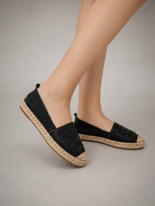 Bambi Siyah Taşlı ve Simli Espadril