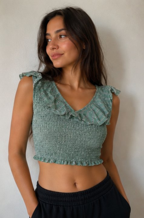 Yeşil Fırfırlı Crop Bluz