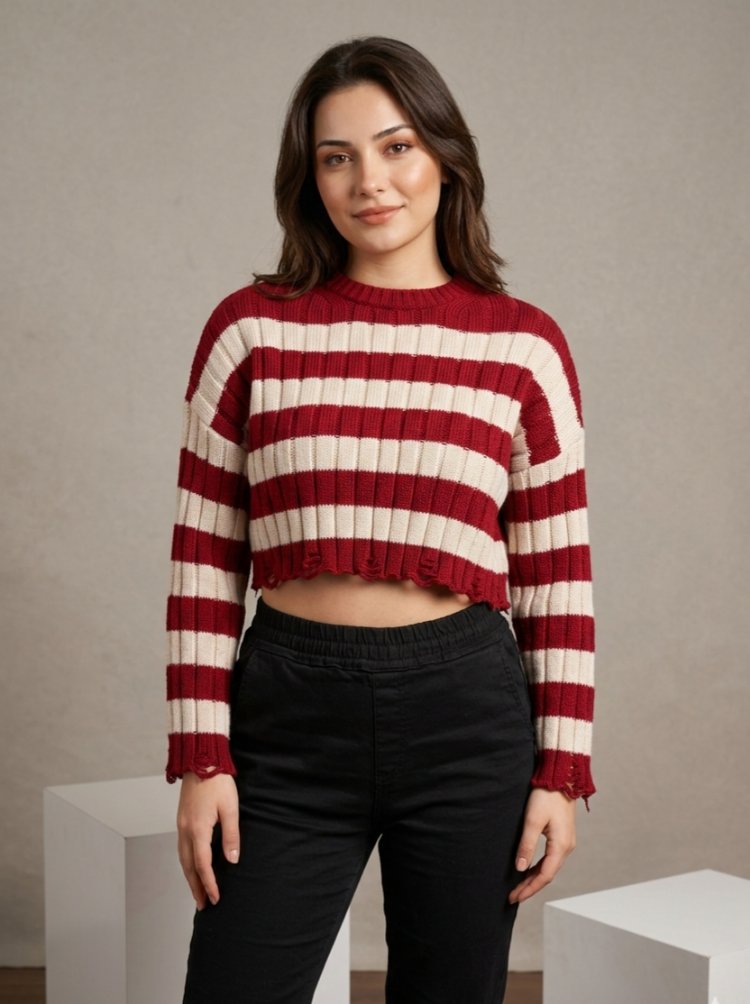 Çizgili Kadın Crop Kazak