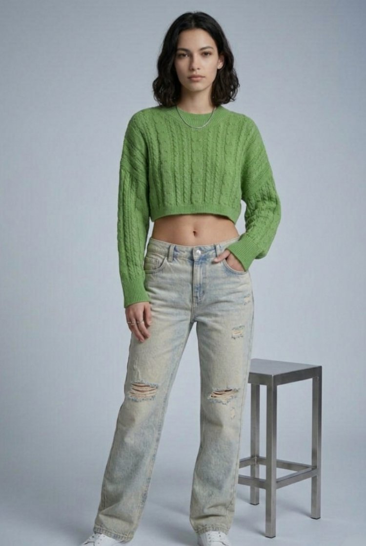 Yeşil Renk Örgü Crop Kazak