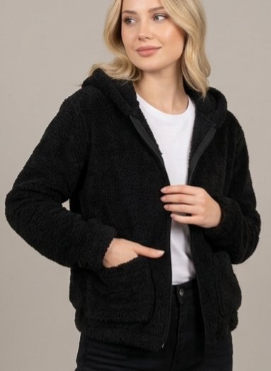 Siyah Kapüşonlu Peluş Mont/Sweatshirt