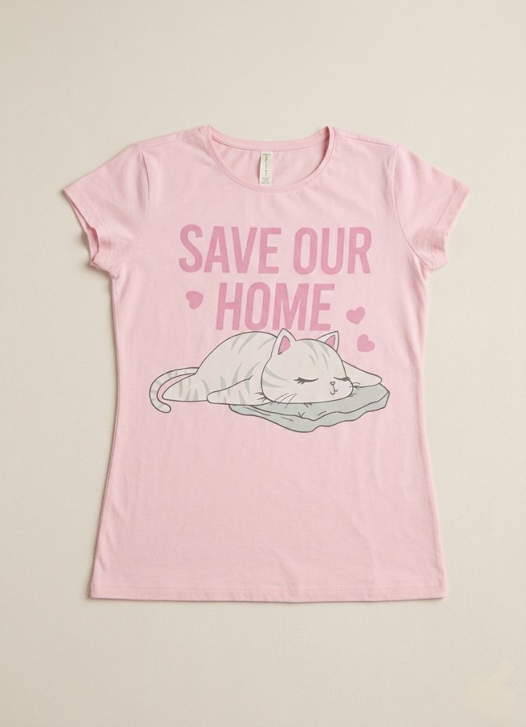 Pembe Renk Kedi Baskılı T-shirt