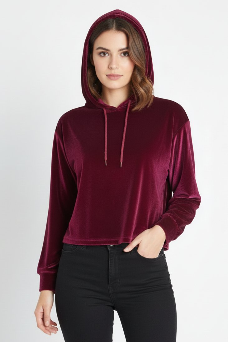 Kapüşonlu Kadife Dokulu Sweatshirt