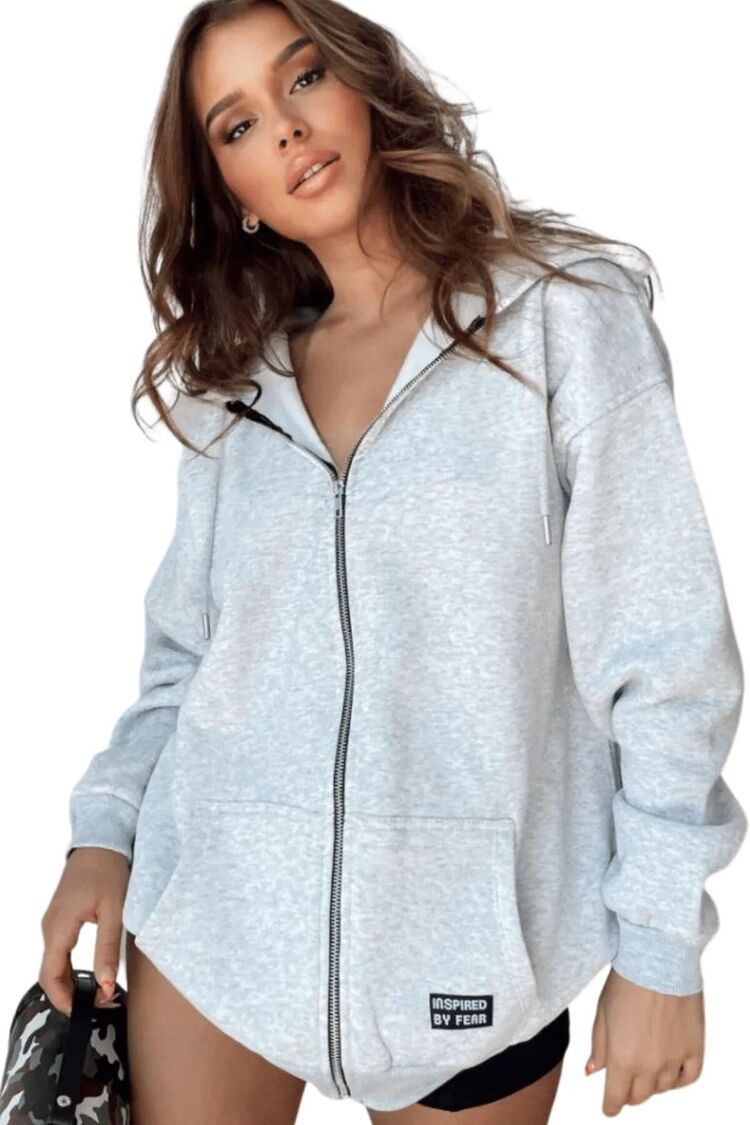 Gri Kapüşonlu Fermuarlı Sweatshirt