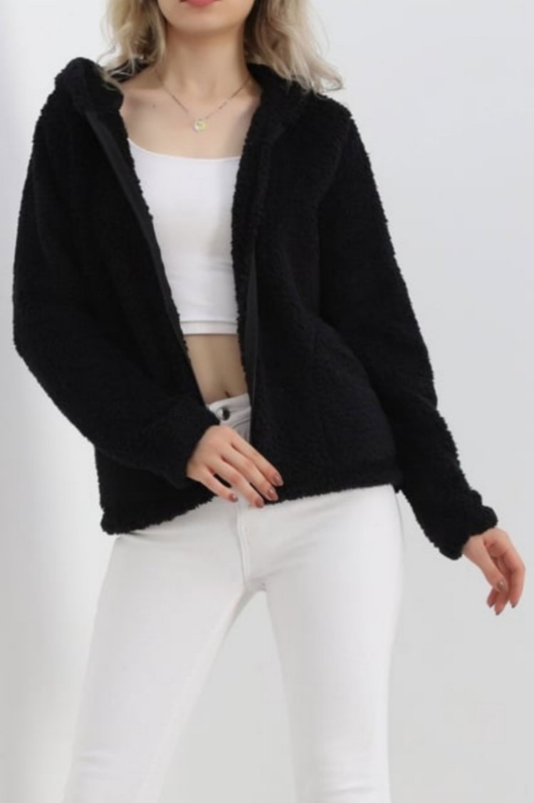 Siyah Kapüşonlu Peluş Mont/Sweatshirt