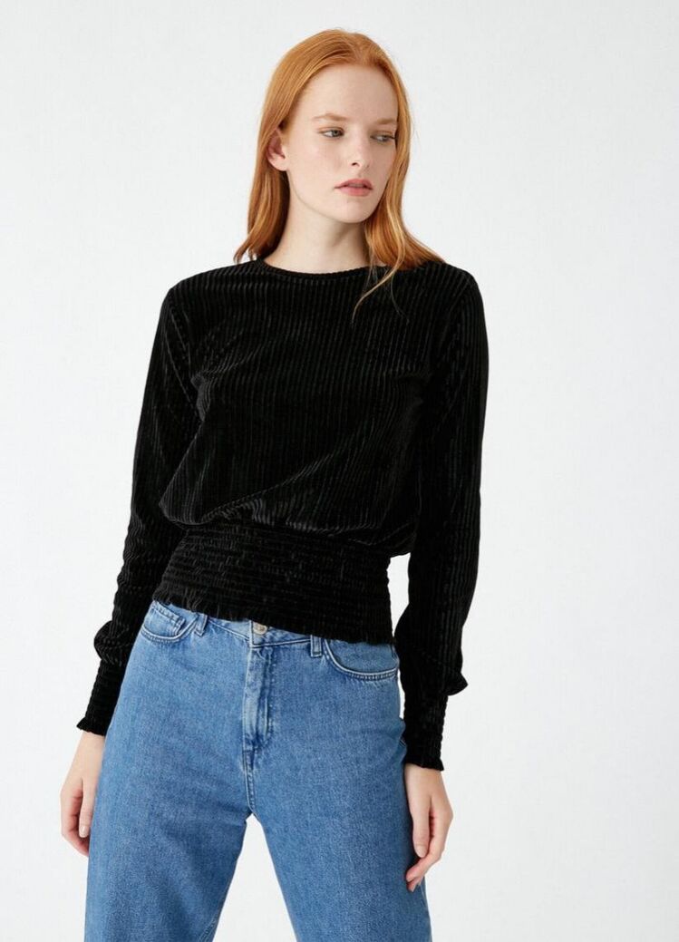 Kadife Fitilli Belden Büzgülü Sweatshirt