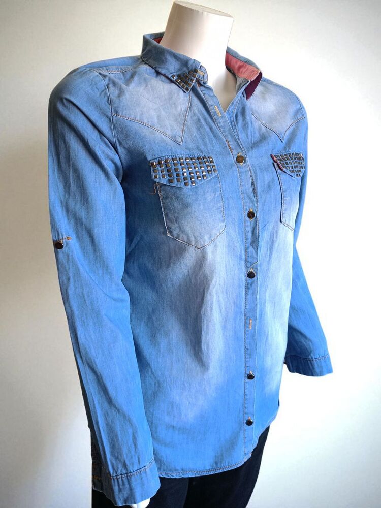 Taşlı Kot Denim Kadın Gömlek
