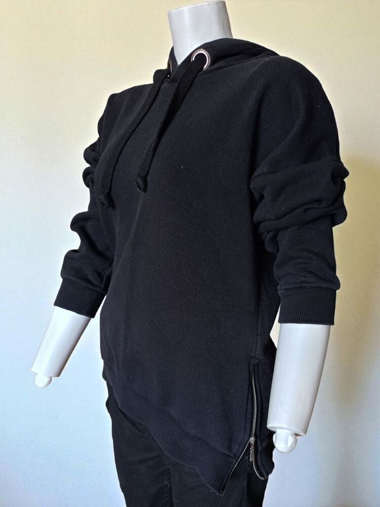 Yan Fermuarlı Siyah Kapüşonlu Sweatshirt