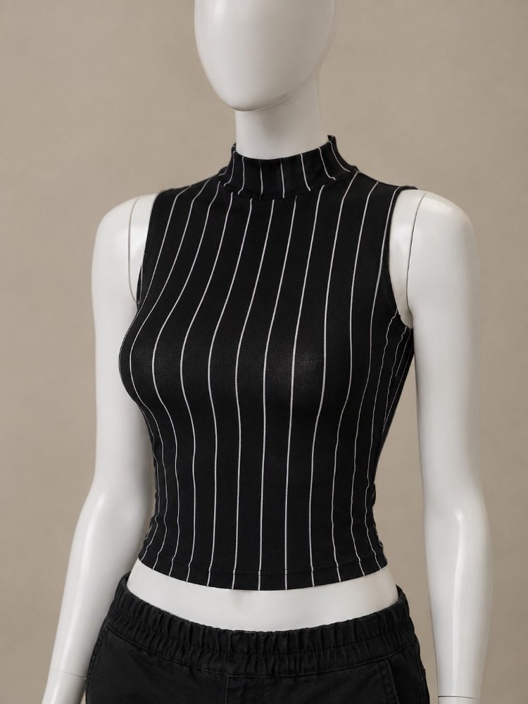 Siyah Beyaz Çizgili Kolsuz Crop Top