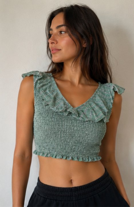 Yeşil Fırfırlı Crop Bluz
