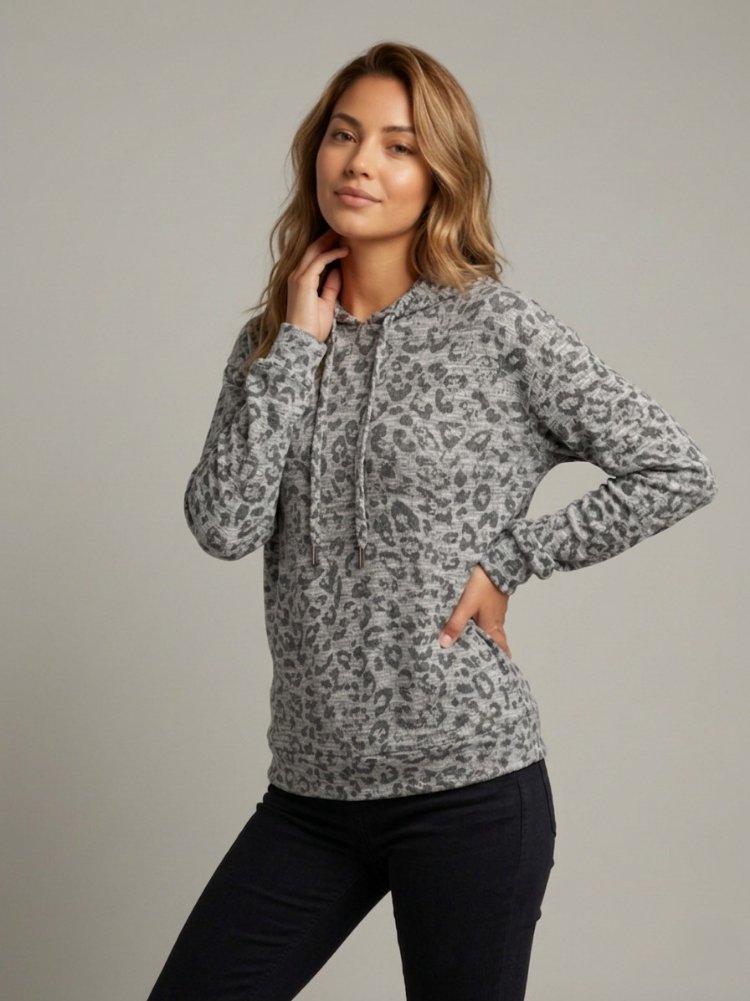 Gri Leopar Desenli Kapüşonlu Sweatshirt