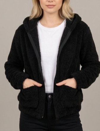 Siyah Kapüşonlu Peluş Mont/Sweatshirt