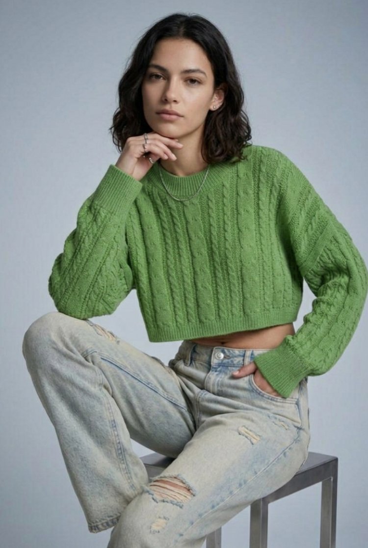 Yeşil Renk Örgü Crop Kazak