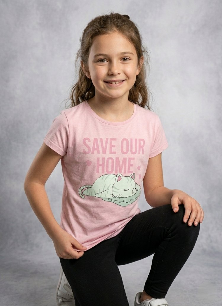 Pembe Renk Kedi Baskılı T-shirt