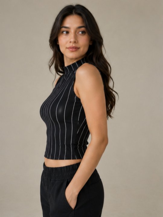 Siyah Beyaz Çizgili Kolsuz Crop Top