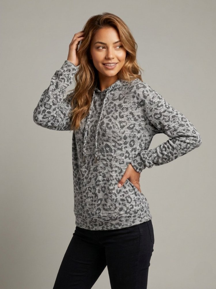 Gri Leopar Desenli Kapüşonlu Sweatshirt