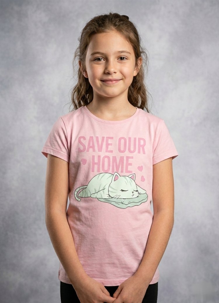 Pembe Renk Kedi Baskılı T-shirt