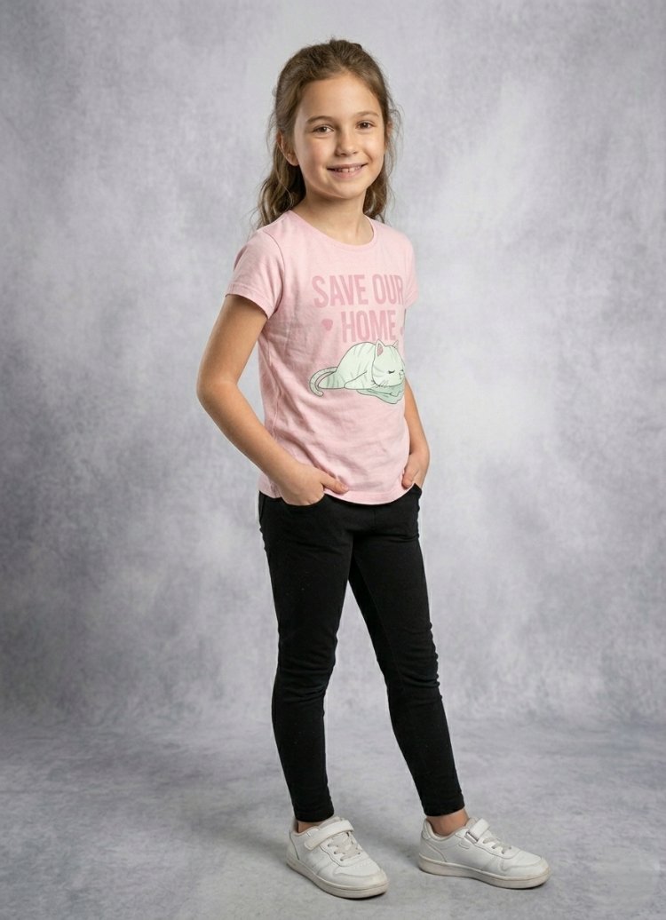 Pembe Renk Kedi Baskılı T-shirt
