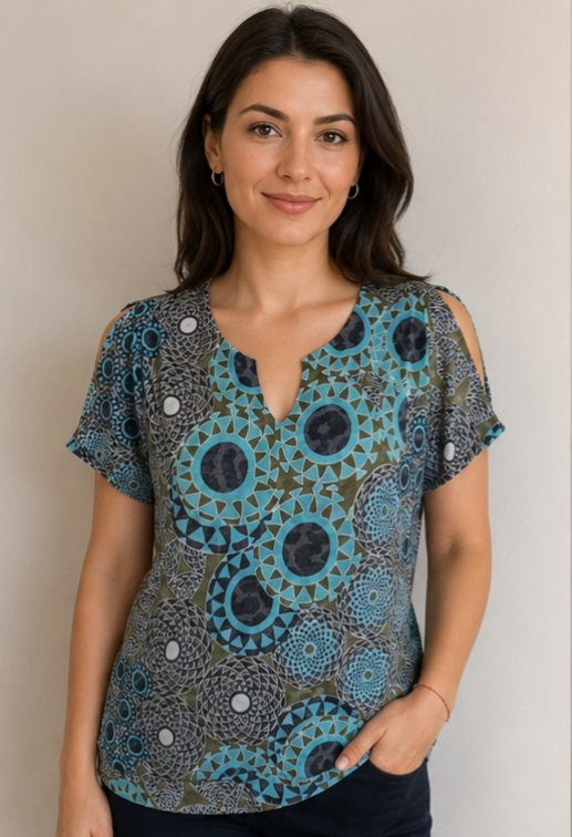 Omuz Dekokteli V yaka T-shirt/Bluz