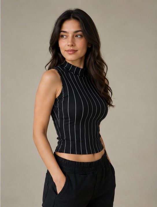 Siyah Beyaz Çizgili Kolsuz Crop Top
