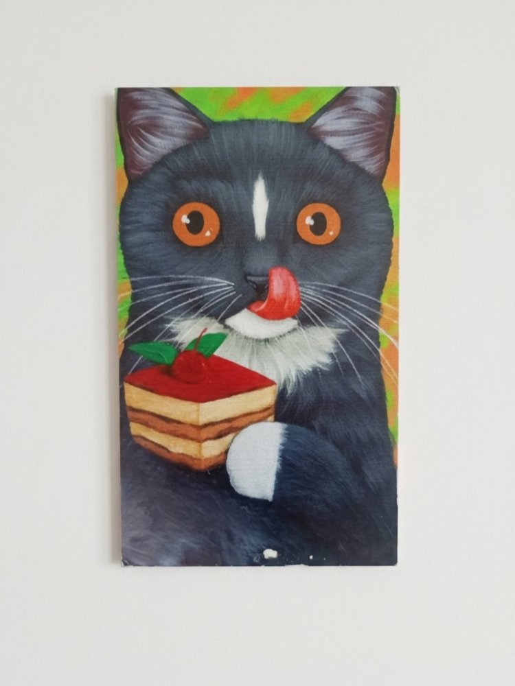 Pasta Yiyen Ahşap Sevimli Kedi Tablosu