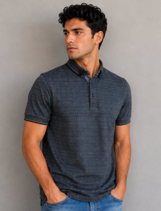 Koyu Gri Desenli Polo Yaka T-Shirt