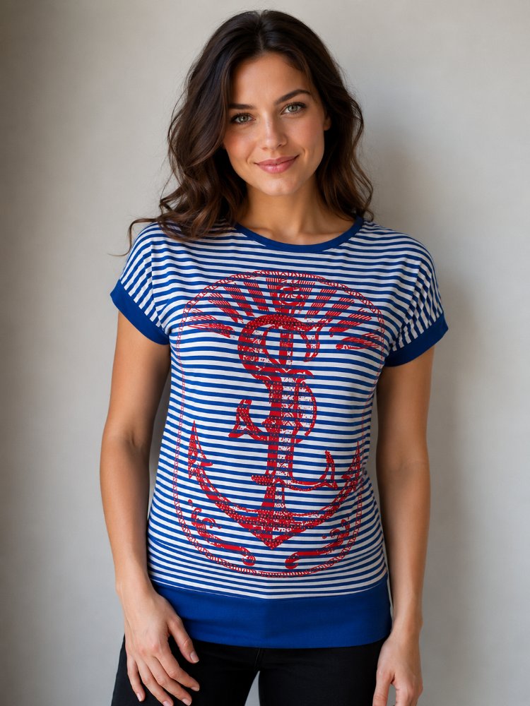 Çizgili Çapa Desenli Kadın T-Shirt