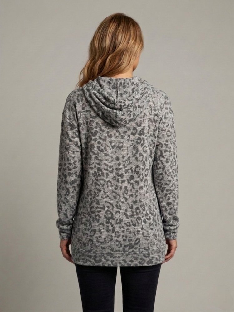Gri Leopar Desenli Kapüşonlu Sweatshirt