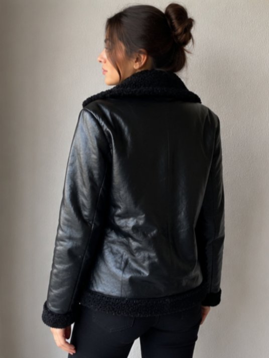 Suni Deri Biker İçi Kürklü Ceket/Mont