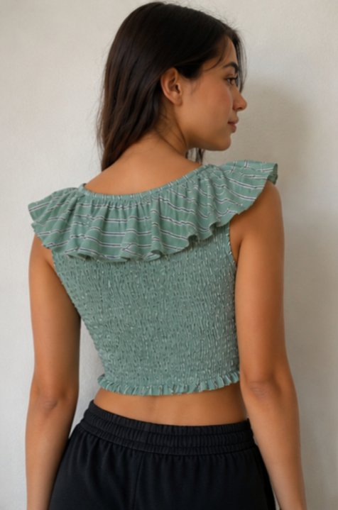 Yeşil Fırfırlı Crop Bluz