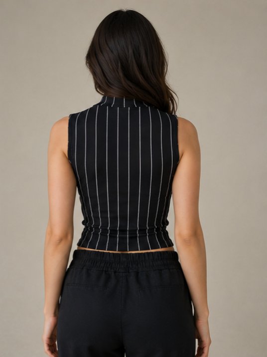 Siyah Beyaz Çizgili Kolsuz Crop Top