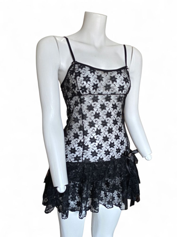 Siyah İşlemeli Gotik Strappy Mini Gecelik