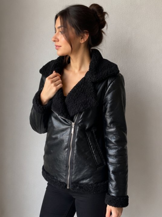 Suni Deri Biker İçi Kürklü Ceket/Mont