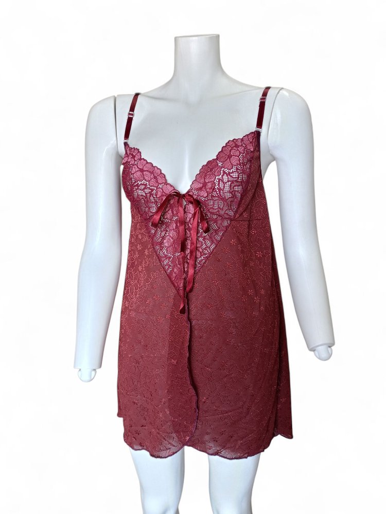 Bordo Dantelli İp Askılı Mini Gecelik Takım